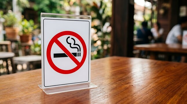 Acrylic tabletop stand with a no smoking sign placed on a wooden table at an open-air cafe.