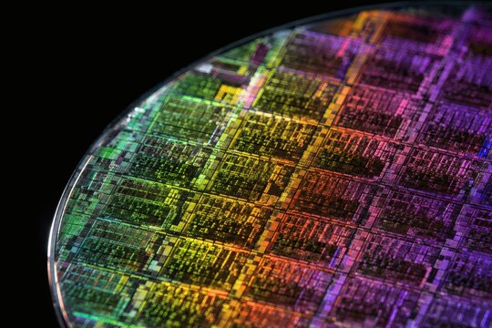 High Angle View of Silicon Wafer with Intricate Iridescent Semiconductor Microchips