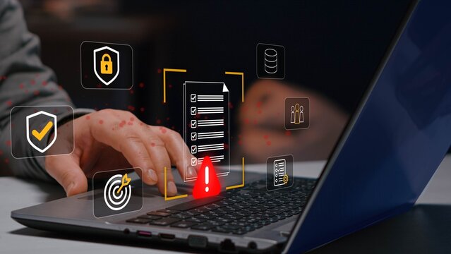 Digital Compliance Checklist and Risk Assessment concept, online documents on laptop, audit management, risk assessment, data protection, cybersecurity standards, 