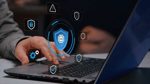Enterprise AI Security Protection. Artificial intelligence governance compliance monitoring and cybersecurity defense control. Risk Management Cybersecurity Technology.
