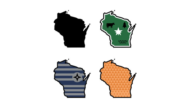 Four different stylized map shapes of a generic geographic region