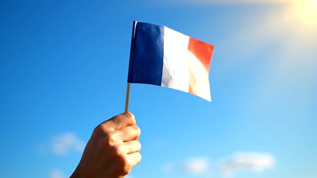 Hand holding small French flag against sunny blue sky