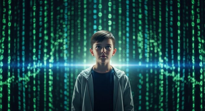 Boy standing in front of digital matrix code