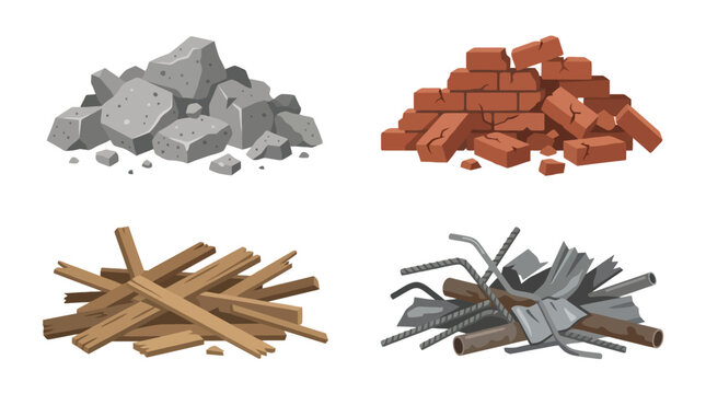 Various construction debris piles isolated on white background