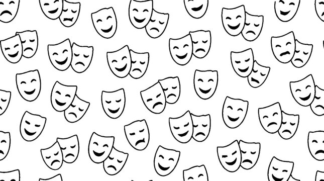 Repeating pattern of comedy and tragedy theater masks.