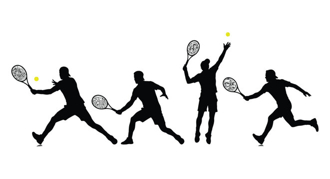 Tennis players in action black silhouette against a white background depicting a sporting sequence athlete