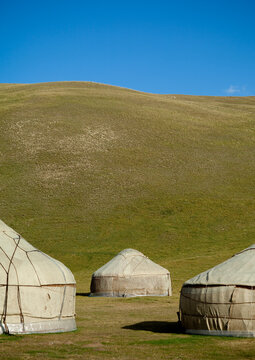 Yurts In Jaman Echki Jailoo Village, Song Kol Lake Area, Kyrgyzstan