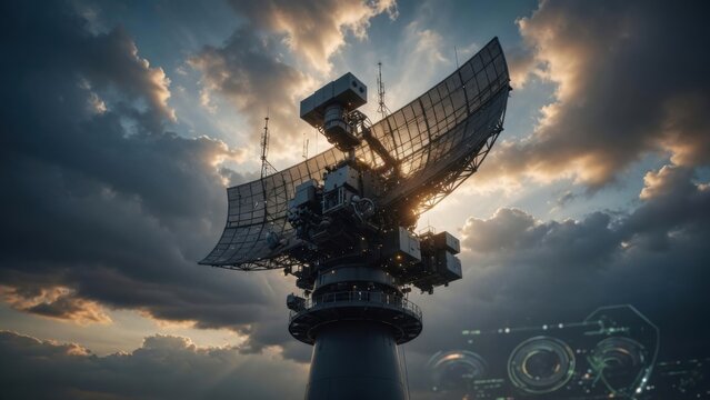 Large Radar Antenna Tower Against Dramatic Sunset Sky