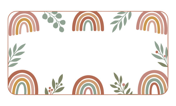 Cute boho hand drawn rainbow and botanical leaf border frame with blank copy space for invitations