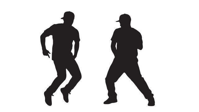 Male dancers silhouette two young men dancing energetically isolated on white background
