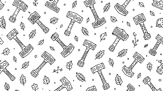 Repeating Pattern of Thor Hammer and Oak Leaves Design.