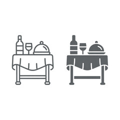 Fototapeta premium Restaurant dining table icon set with wine bottle, glass, and cloche platter in line and glyph style