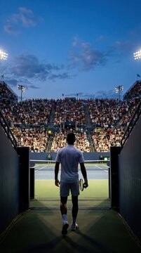Tennis player walks from tunnel to crowded court. Concept of match entrance, championship tension, sports career, arena atmosphere and event promotion.