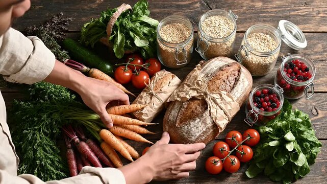 Hands preparing rustic meal with bread and vegetables
