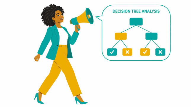 Businesswoman presenting decision tree analysis concept.