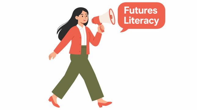 Woman with megaphone promoting futures literacy concept.