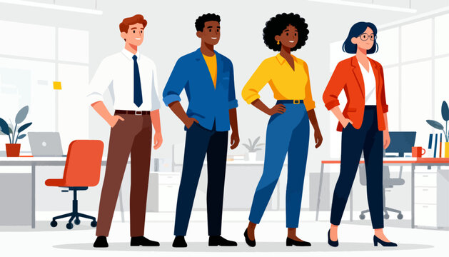 Diverse team stands confidently in modern office space