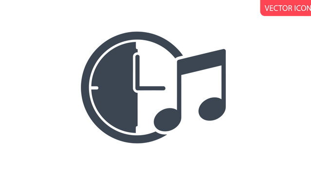 A dark blue clock face with musical notes to its right