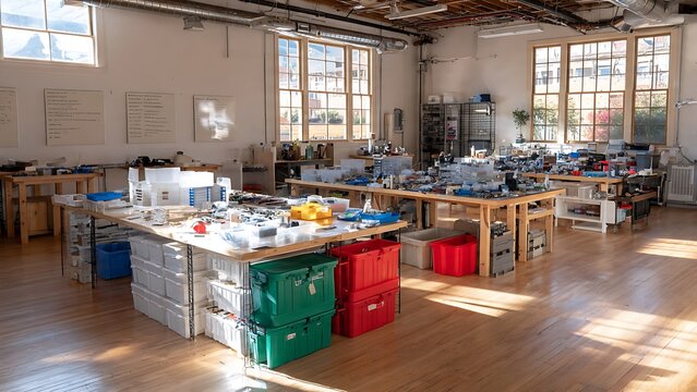Bright Community Repair Workshop with Organized Tools and Collaborative Workspace