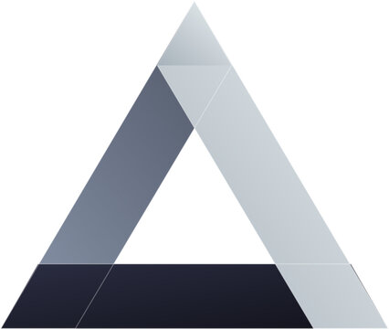 Impossible Penrose triangle optical illusion featuring geometric shapes with grey and dark blue color shading.