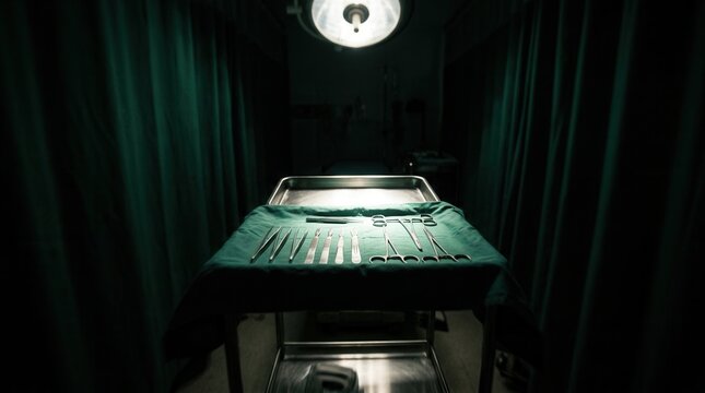 Surgical Instruments Laid Out On Table Beneath Operating Lamp For Procedure