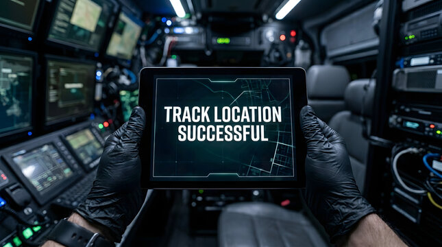 POV of cyber investigator confirming suspect location track on tablet in mobile command center vehicle