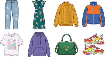 Trendy Women Casual Fashion Clothing and Accessories Collection Featuring Jeans Dress Knit Sweater Puffer Jacket Hoodie T Shirt Leather Handbag and Chunky Sneakers © MINARA