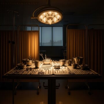 Surgical Instruments Laid Out Under Operatory Light Anticipating Procedure
