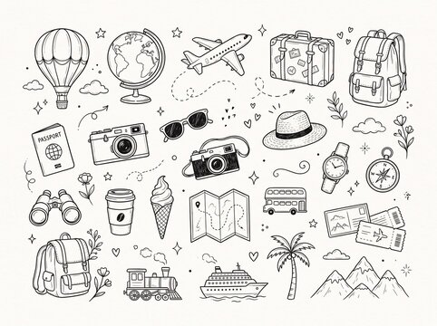 Set of travel sketch icons for planning vacations and trips