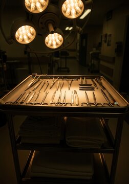Surgical Instruments Laid Out Under Operating Room Lights Ready For Procedure