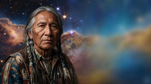 Portrait of an elderly Native American man against a cosmic galaxy background