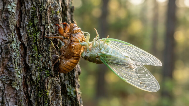 Cicada Shedding Shell on Pine Bark.