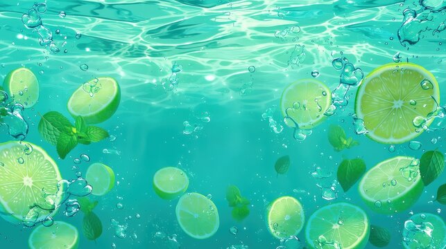 水中に浮かぶライムとミント
