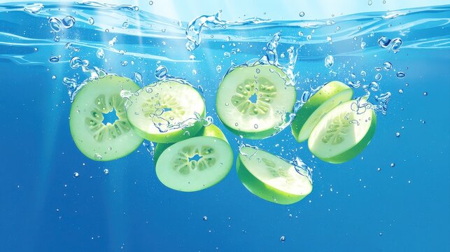水中に浮かぶ青リンゴのスライス