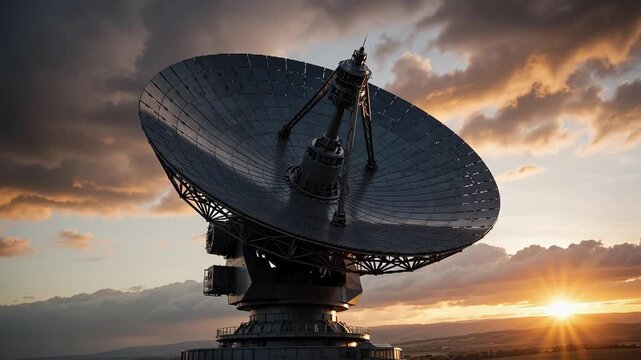 Massive Satellite Dish Antenna Tracking the Sunset Over Rolling Hills