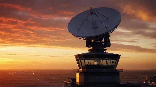 Airport control tower and radar dish at sunset with dramatic clouds and city lights