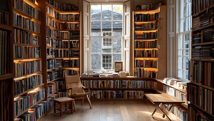 Obraz premium Inviting independent neighborhood bookshop interior with shelves filled with books and warm natural window light