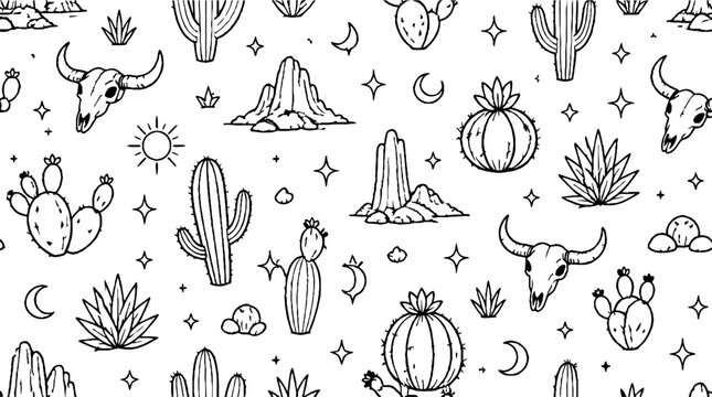 Southwestern desert cactus and skull illustration pattern.