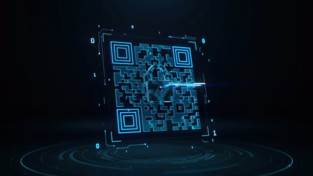 Digital QR code with a padlock symbol representing secure access and encryption in a dark tech environment