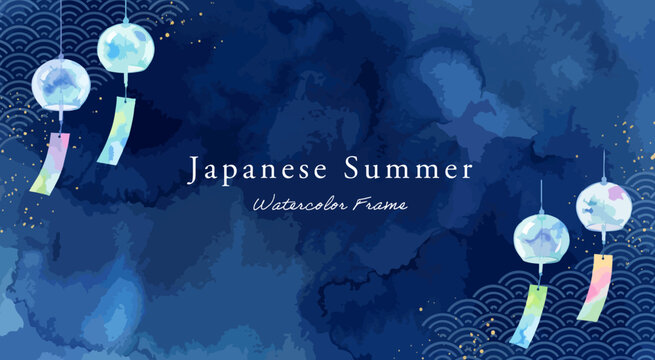 風鈴の背景イラスト,水彩風の夜空と和風ふうりん、夏の濃紺フレーム枠、青海波と金粉の長方形デザイン背景、高級和モダン広告素材,手描きベクター,高級感ギフト・夏セール,高級感テキストスペース