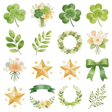 Watercolor green leaves shamrocks and gold stars decorative elements clipart collection set for holiday design and greeting card decoration