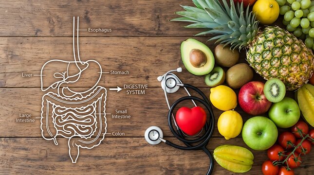 Flat lay of a white gut icon alongside colorful healthy fruits, fresh vegetables, a stethoscope, and a small red heart.