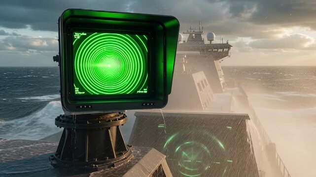 Naval radar screen displays target data on a warship sailing through rough seas