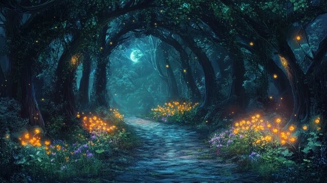 Magical moonlit forest path, glowing flowers, tranquil scene