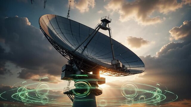 Futuristic Satellite Dishes Receiving Signals Under Dramatic Sunset Sky