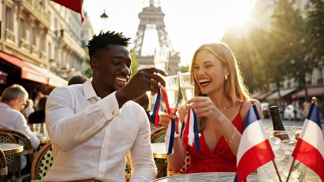 Happy diverse couple toasting champagne at Paris cafe outdoors