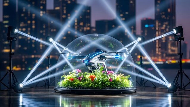 Drone sits inside a glass dome surrounded by flowers under bright stadium lights at night.