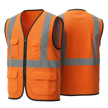 Orange high-visibility safety vest with reflective stripes floating against a white background with copy space. Concept for industrial safety and ppe