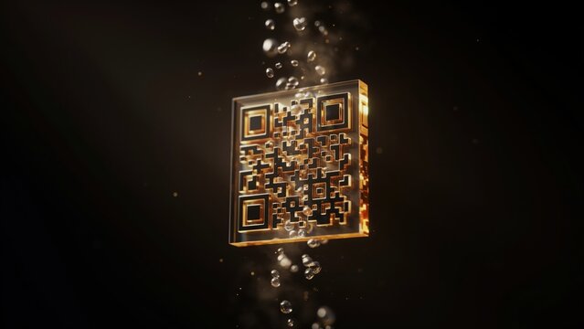Golden QR code block suspended in water with floating bubbles on dark background