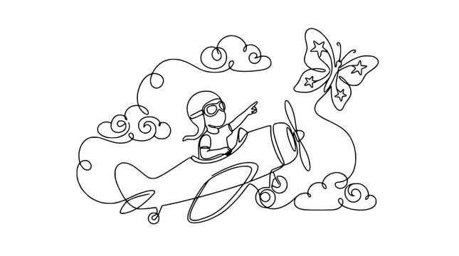 Child pilot in airplane flying with butterfly and clouds, one line drawing